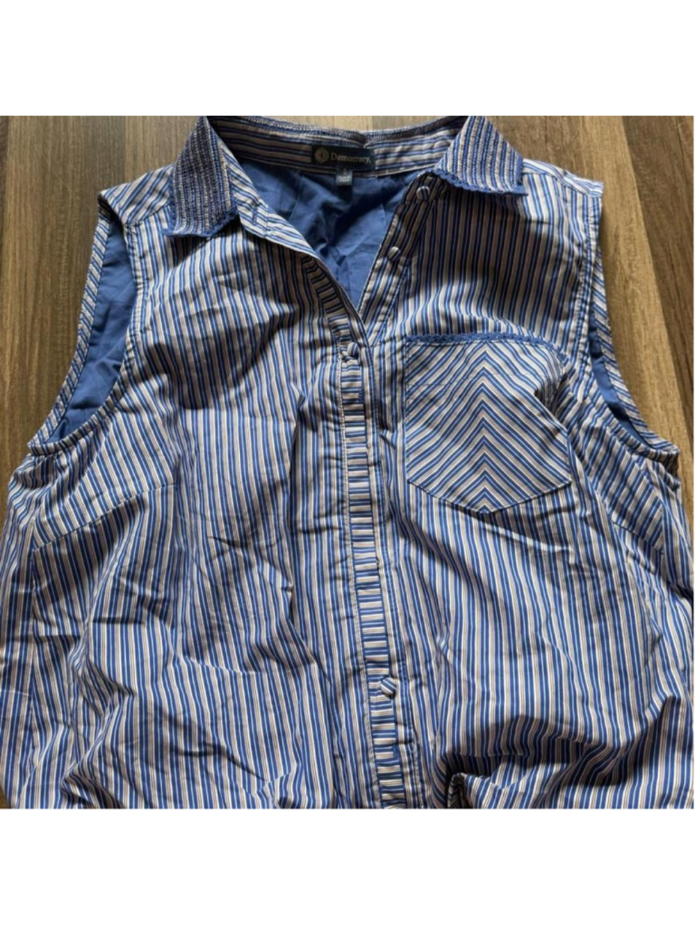 Blue striped sleeveless button-down blouse with brown and white pinstripes,